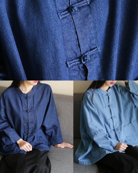 Loose stand collar Chinese Button clothes For Women Sleeve denim light blue shirts Loose stand collar Chinese Button clothes For Women Sleeve denim light blue shirts