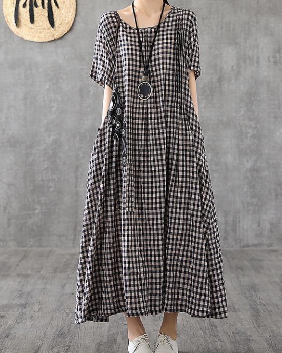 Vivid patchwork linen quilting dresses Runway black plaid Dresses summer Vivid patchwork linen quilting dresses Runway black plaid Dresses summer