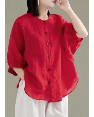 Art Red O-Neck Button Linen Loose Shirt Top Lantern Sleeve