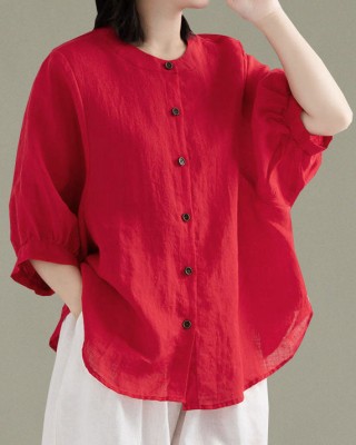 Art Red O-Neck Button Linen Loose Shirt Top Lantern Sleeve