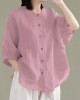 Art Red O-Neck Button Linen Loose Shirt Top Lantern Sleeve