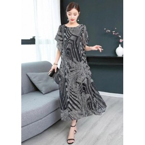 Simple o neck chiffon Wardrobes Women Sewing black print Kaftan Dress