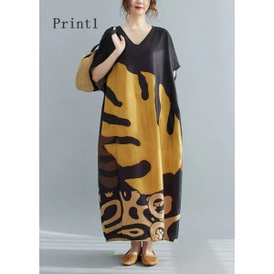 Loose Black V Neck Oversized Leaf Print Chiffon Long Dress Short Sleeve