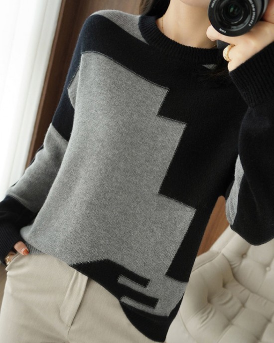 Women Grey Asymmetrical Patchwork Wool Knit Top Fall Women Grey Asymmetrical Patchwork Wool Knit Top Fall
