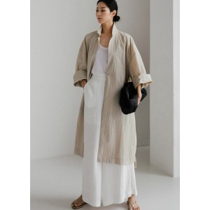 Casual Beige Peter Pan Collar Button Wrinkled Side Open Trench Coats Long Sleeve