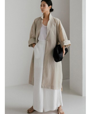Casual Beige Peter Pan Collar Button Wrinkled Side Open Trench Coats Long Sleeve