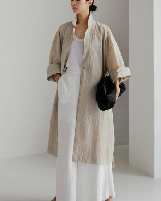 Casual Beige Peter Pan Collar Button Wrinkled Side Open Trench Coats Long Sleeve Casual Beige Peter Pan Collar Button Wrinkled Side Open Trench Coats Long Sleeve