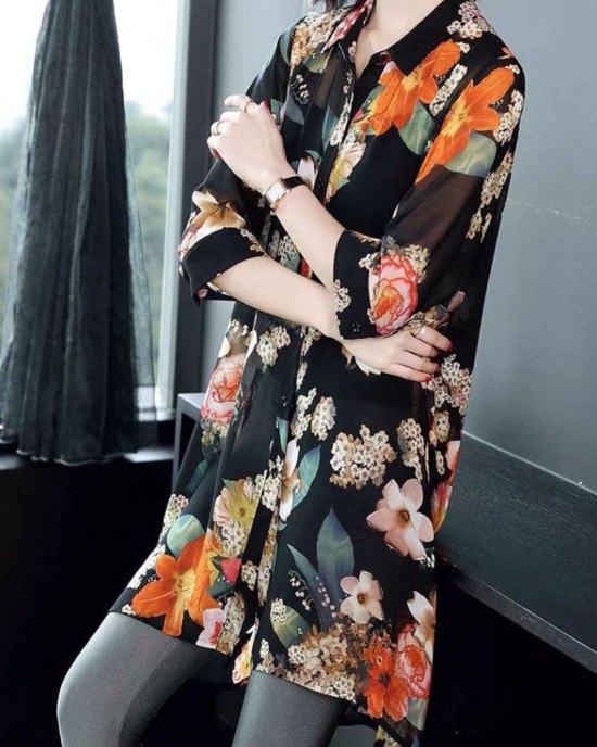 Black Print Silk Long Blouse Tops Peter Pan Collar Button Half Sleeve Black Print Silk Long Blouse Tops Peter Pan Collar Button Half Sleeve
