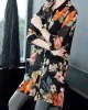 Black Print Silk Long Blouse Tops Peter Pan Collar Button Half Sleeve Black Print Silk Long Blouse Tops Peter Pan Collar Button Half Sleeve