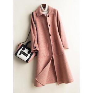 Art Peter pan Collar Button Down fine Woolen Coats Women pink plaid silhouette jackets