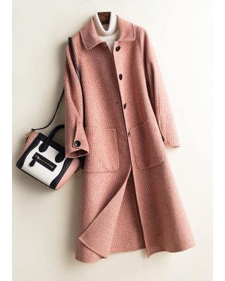 Art Peter pan Collar Button Down fine Woolen Coats Women pink plaid silhouette jackets