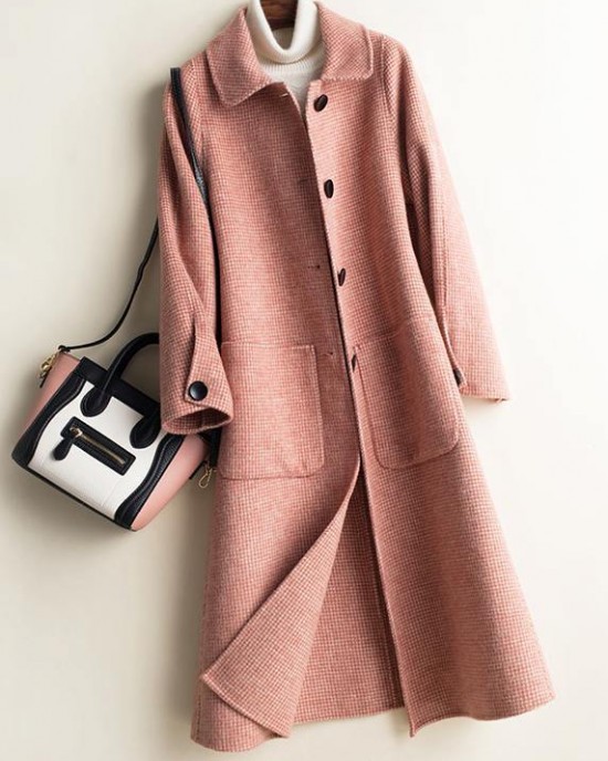 Art Peter pan Collar Button Down fine Woolen Coats Women pink plaid silhouette jackets Art Peter pan Collar Button Down fine Woolen Coats Women pink plaid silhouette jackets