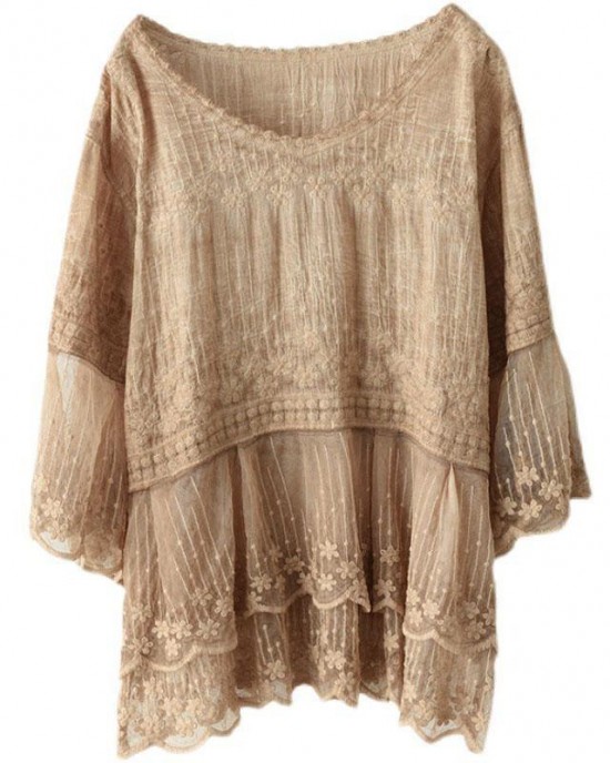 Loose Khaki O-Neck Embroideried Patchwork Summer Shirts Half Sleeve Loose Khaki O-Neck Embroideried Patchwork Summer Shirts Half Sleeve