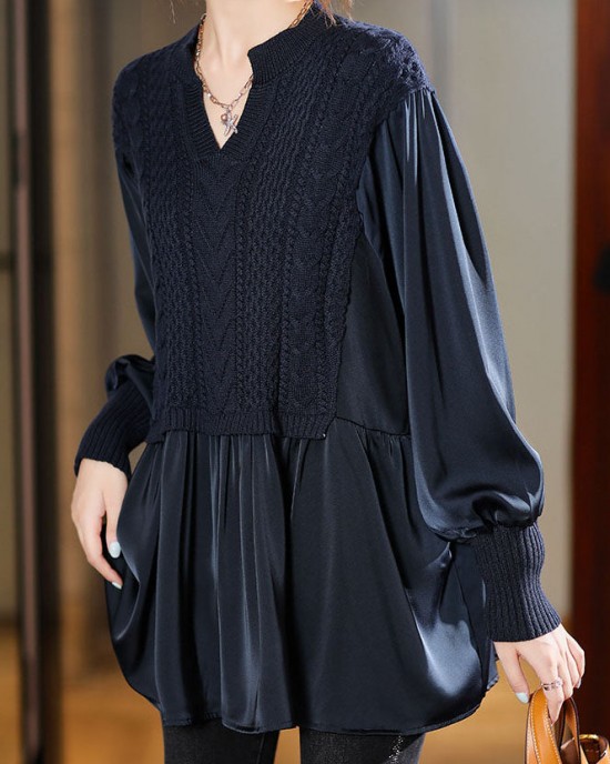 Navy Knit Blouses Puff Sleeve Winter Top Navy Knit Blouses Puff Sleeve Winter Top