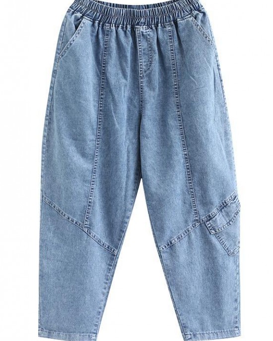 Classy Spring Women Pants Fashion Denim Blue Photography Elastic Waist Patchwork Pant Classy Spring Women Pants Fashion Denim Blue Photography Elastic Waist Patchwork Pant