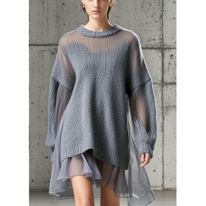 Boutique Grey Oversized Patchwork Tulle Knit Day Dress Fall