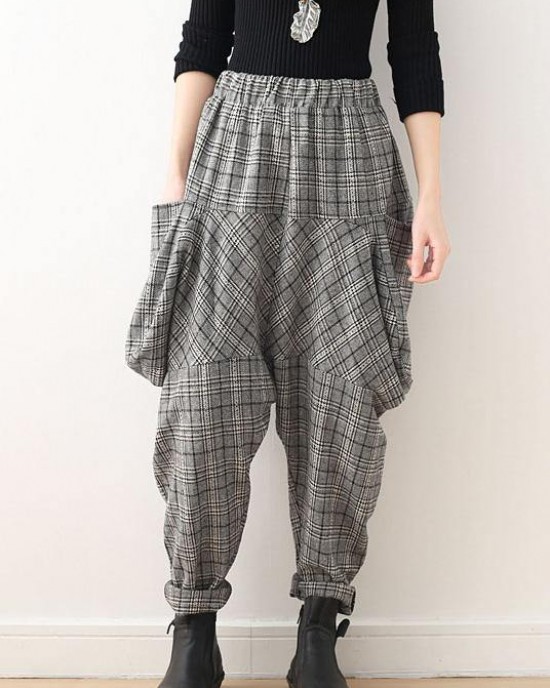 Original design retro gray thick loose large size warm knitted plaid Harlan bloomers Original design retro gray thick loose large size warm knitted plaid Harlan bloomers