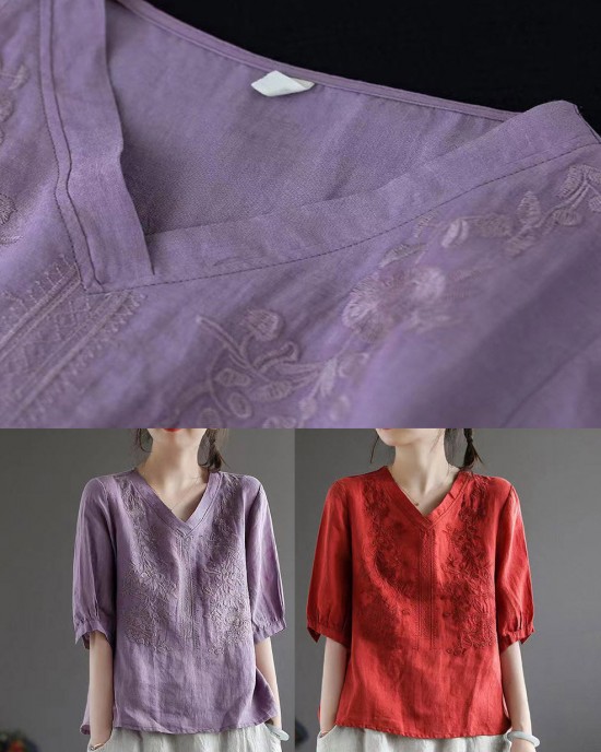 Purple V Neck Floral Embroideried T Shirt Half Sleeve Purple V Neck Floral Embroideried T Shirt Half Sleeve