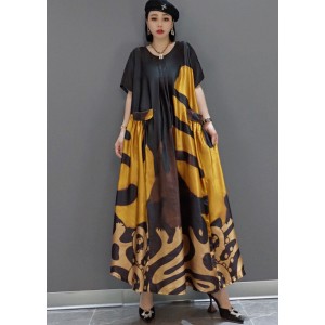 loose Yellow O-Neck Print Satin Maxi Dress Summer