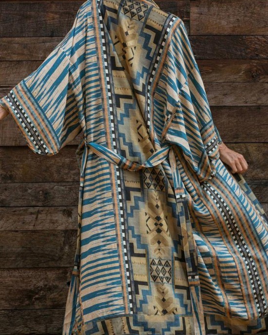 Bohemian Blue Geometric Print Long sleeve kimono robe Mid Summer Cotton