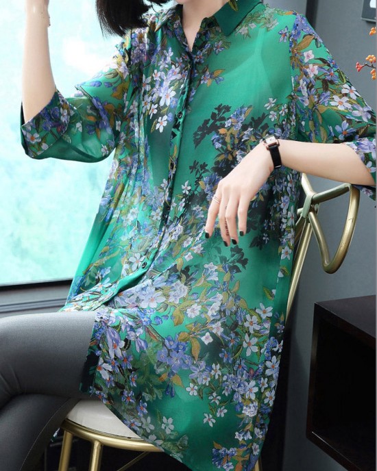 Stylish Peter Pan Collar Button Print Chiffon Shirt Tops Summer Stylish Peter Pan Collar Button Print Chiffon Shirt Tops Summer