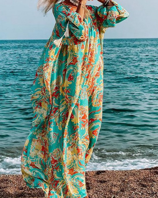 Women Green Oversized Print Cotton Loose Beach Dresses Long Sleeve Women Green Oversized Print Cotton Loose Beach Dresses Long Sleeve