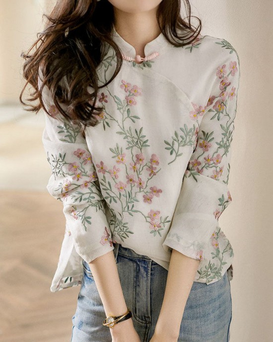 Unique Beige Print Linen Blouses Spring Unique Beige Print Linen Blouses Spring