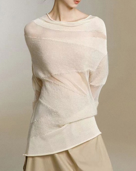Slim Fit Beige Turtleneck Tulle Patchwork Thin Knit Top Fall Slim Fit Beige Turtleneck Tulle Patchwork Thin Knit Top Fall