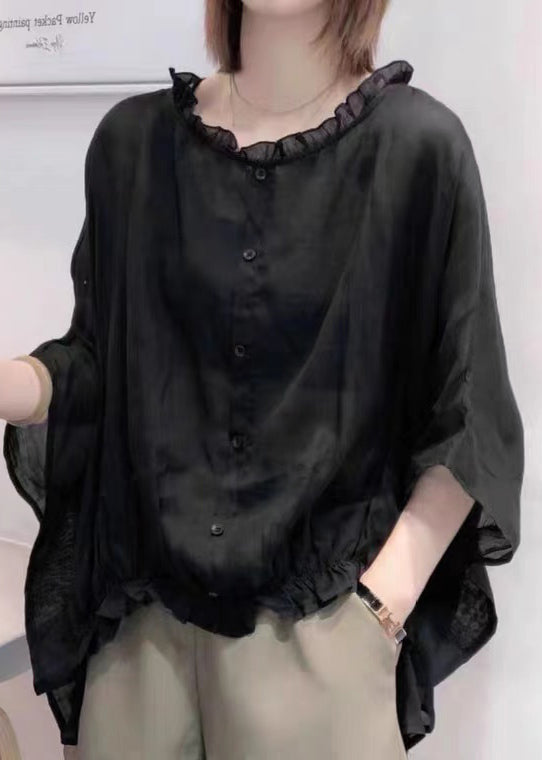 Art Black Tops Ruffles Trim Half Sleeve Shirts Blouse
