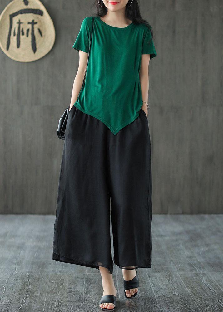 Handmade Black Elastic Waist Retro Wide Leg Crop Pants