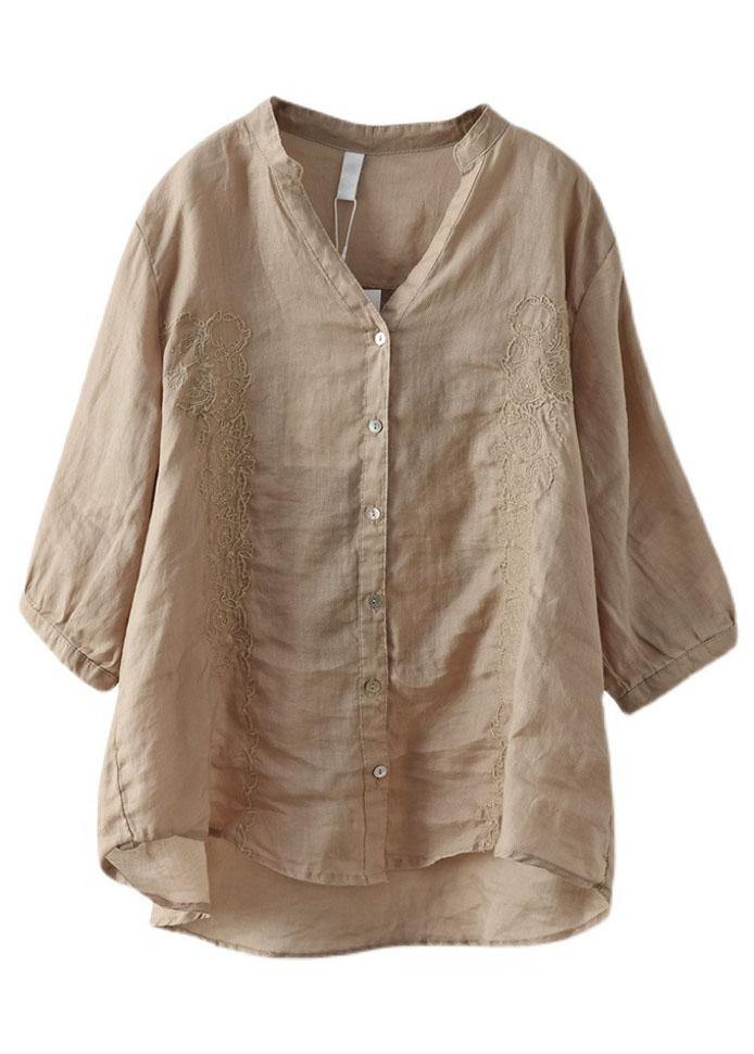 French Khaki Embroideried V Neck Ramie Blouse Top Summer