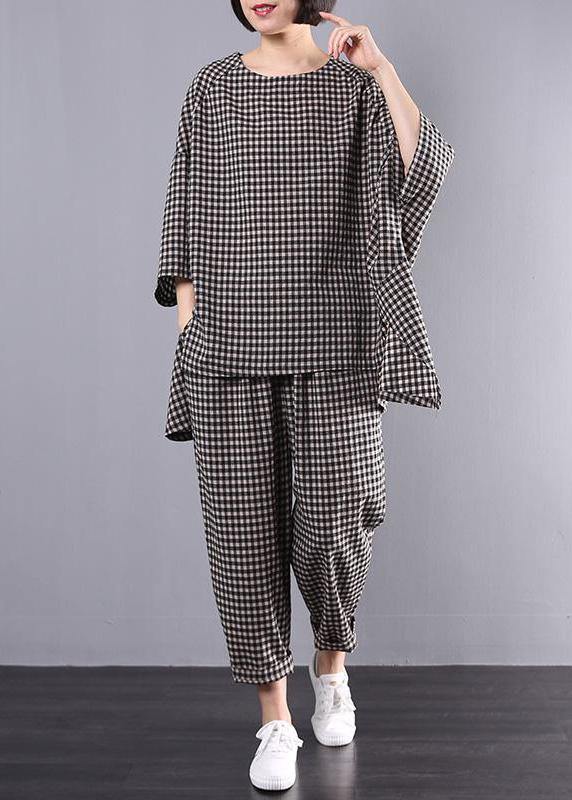 Chic pattern stylish Cotton Linen gray Plaid Vintage Blouse And Pants