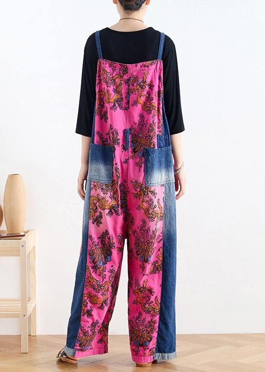 2025 retro national style rose printed loose denim overalls
