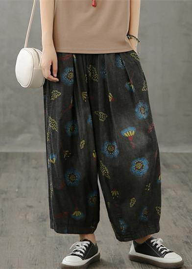 Literary plus size wide-leg pants 2025 autumn new thin yellow printed straight-leg pants