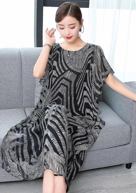 Simple o neck chiffon Wardrobes Women Sewing black print Kaftan Dress